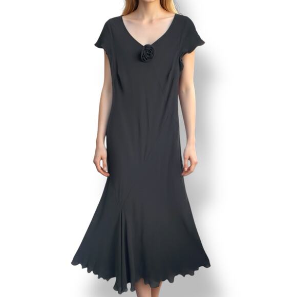 Isabella Bird Vintage Black Silk Maxi Dress 14 Bias Cut Rosette Whimsigoth Grung - Picture 1 of 12